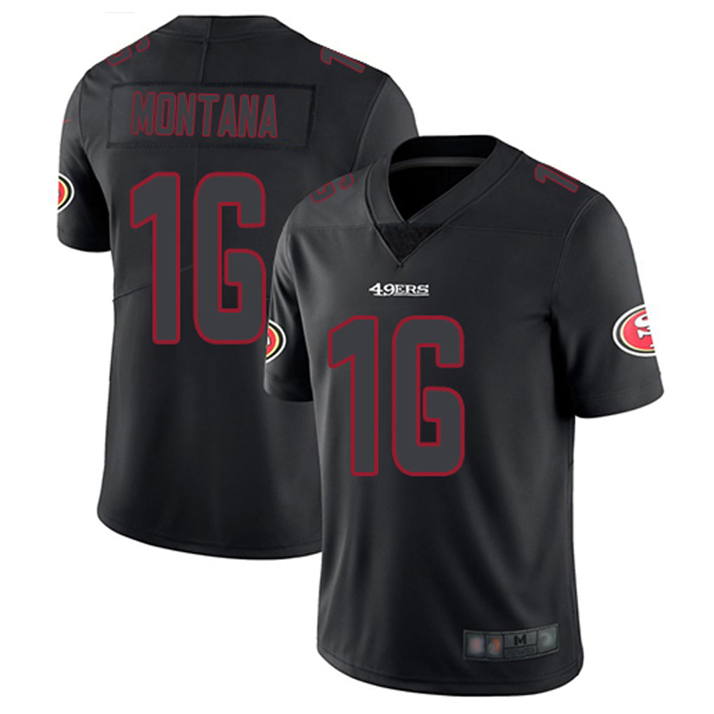 Elroe SF.49ers #16 Joe Montana Player Black Limited Rush Impact Stitched Jerseys