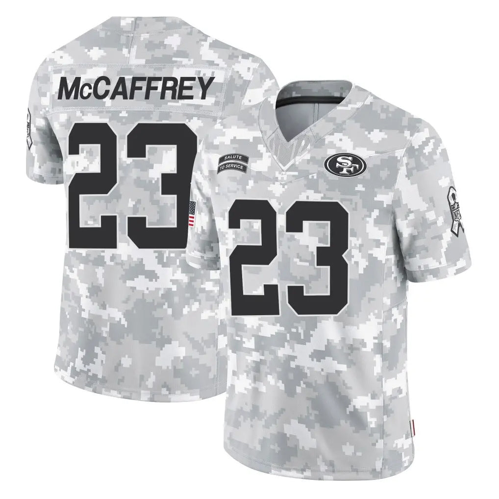 Elroe SF.49ers #23 Christian McCaffrey Player Arctic Camo Limited Salute To Service Home Game Stitched Jerseys