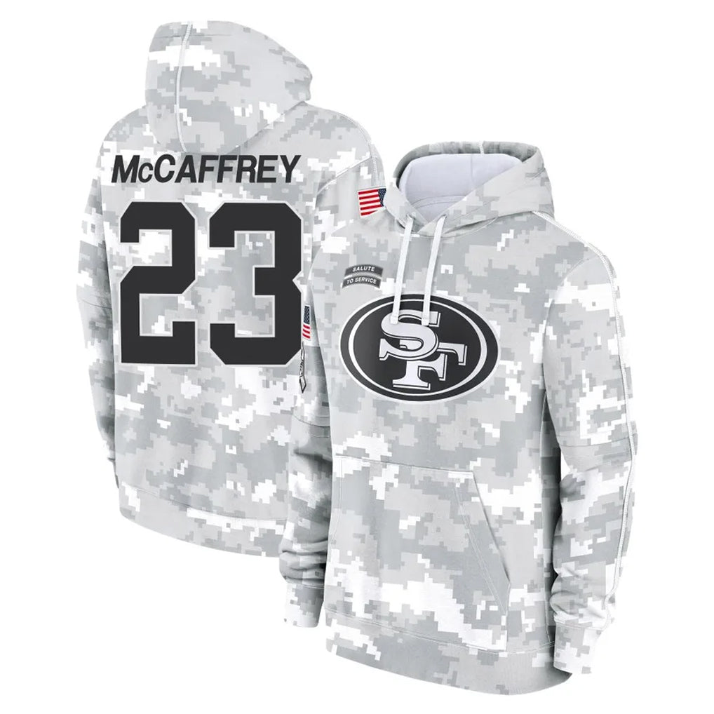 Elroe SF.49ers #23 Christian McCaffrey Player Arctic Camo Limited Salute to Service Pullover Hoodies Game Stitched Jerseys