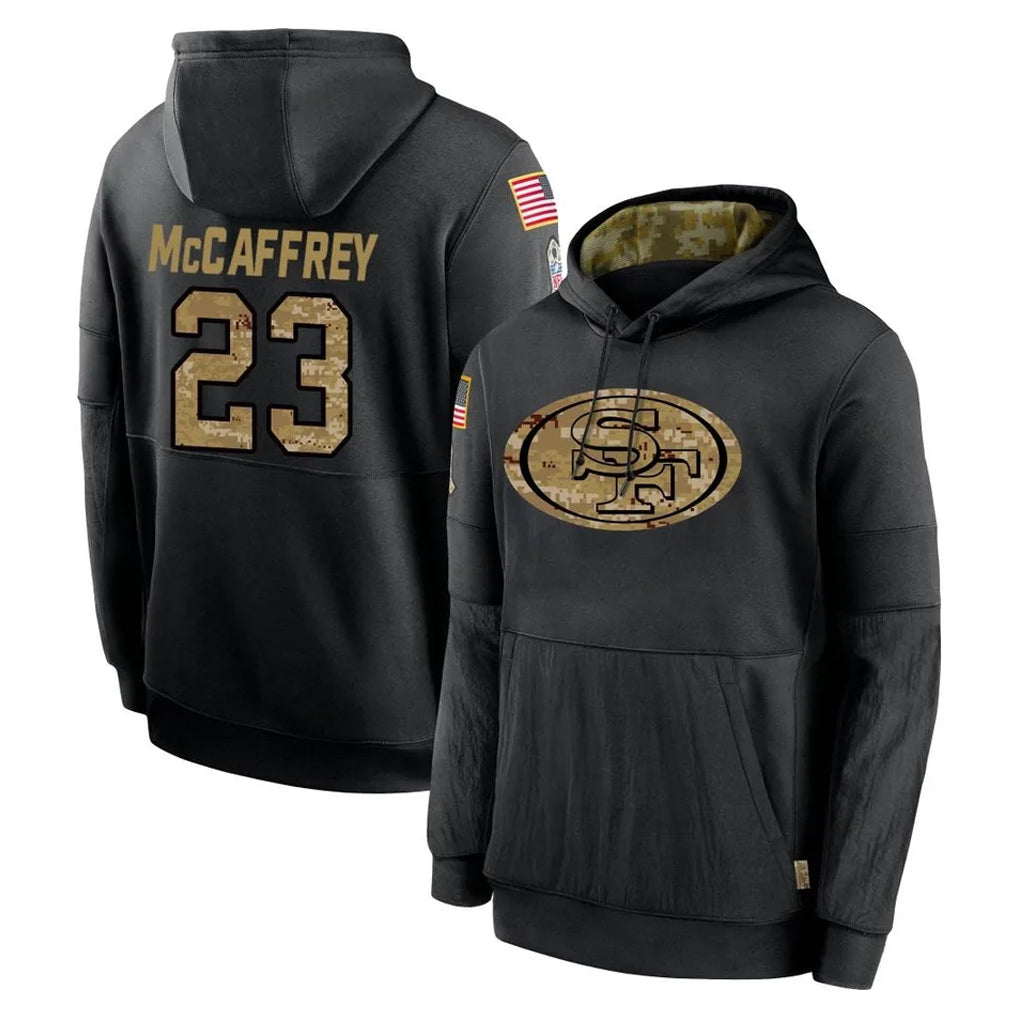 Elroe SF.49ers #23 Christian McCaffrey Player Black Salute to Service Sideline Performance Pullover Hoodies Home Game Stitched Jerseys