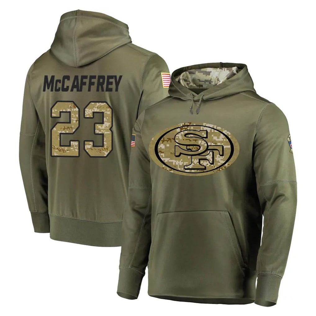 Elroe SF.49ers #23 Christian McCaffrey Player Olive Salute to Service Pullover Hoodie Home Game Stitched Jerseys