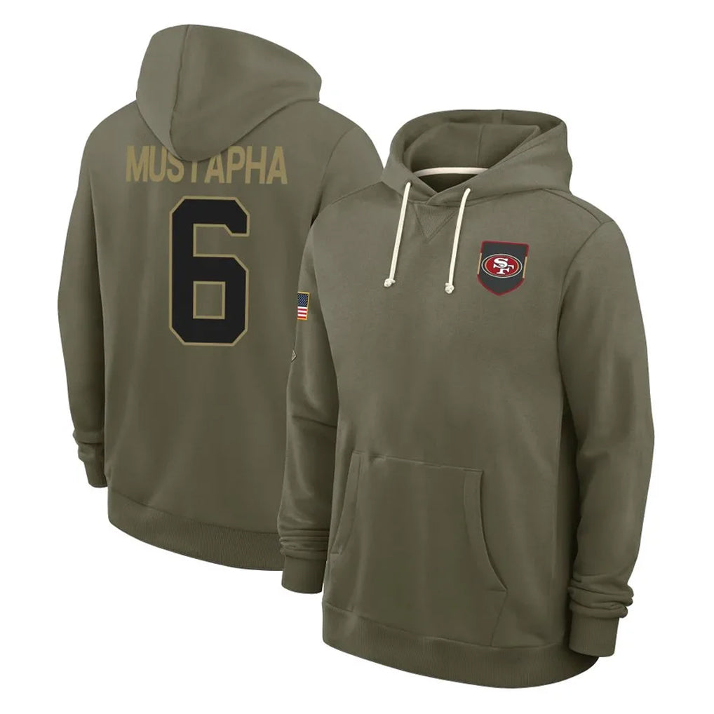 Elroe SF.49ers #6 Malik Mustapha Player Olive Salute to Service Pullover Hoodies Limited Stitched Jerseys
