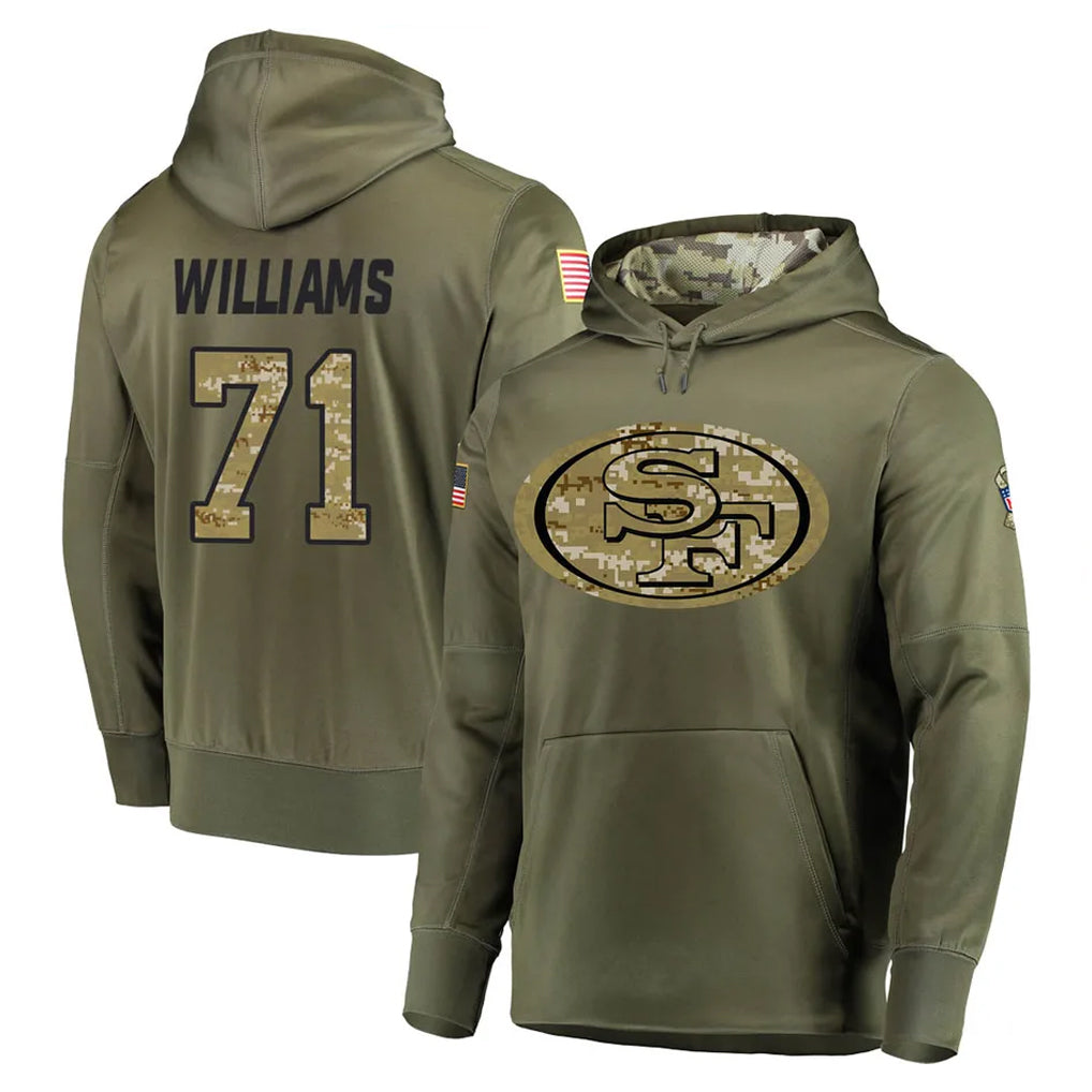 Elroe SF.49ers #71 Trent Williams Player Olive Salute to Service Pullover Hoodie Home Game Stitched Jerseys