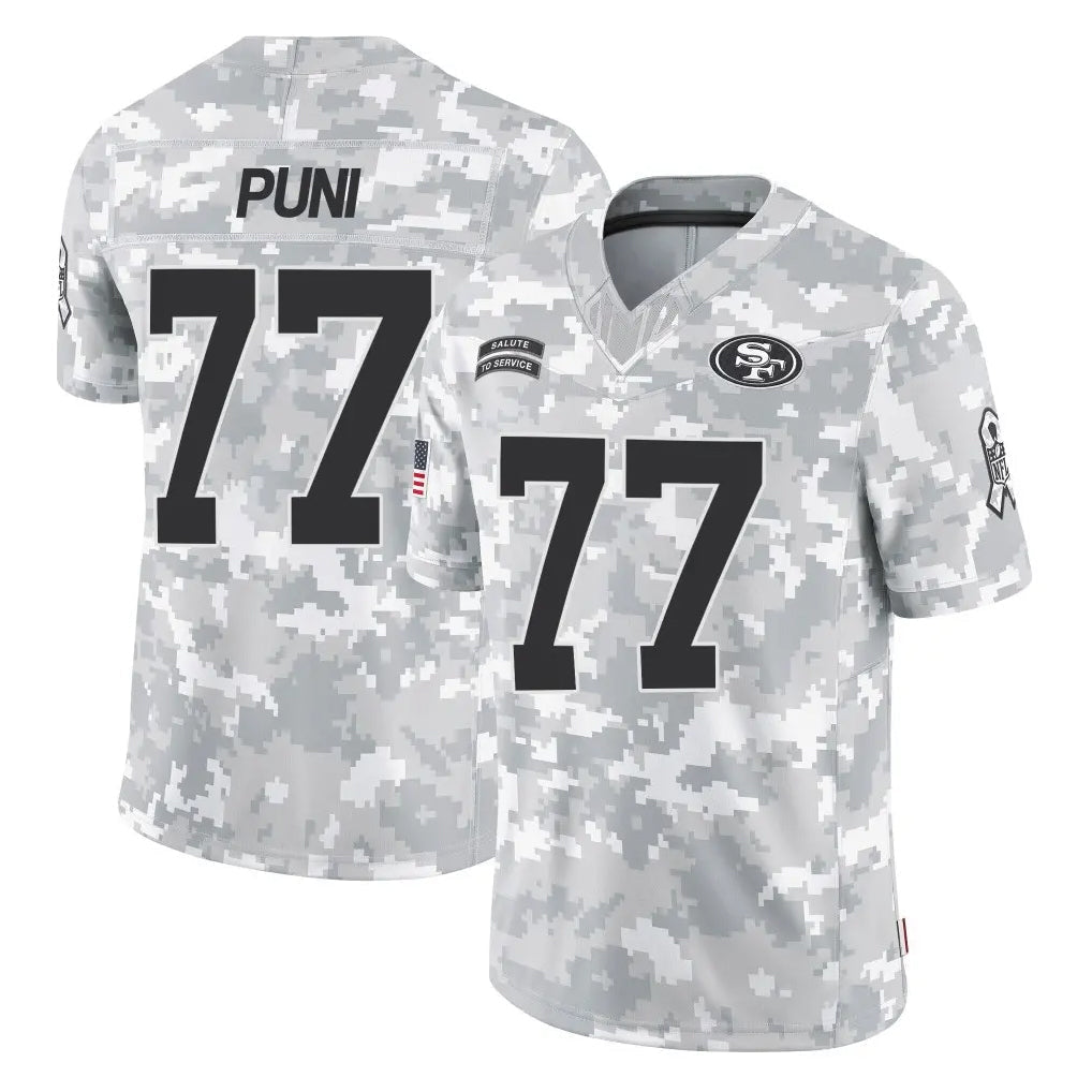 Elroe SF.49ers #77 Dominick Puni Player Arctic Camo Limited Salute To Service Home Game Stitched Jerseys