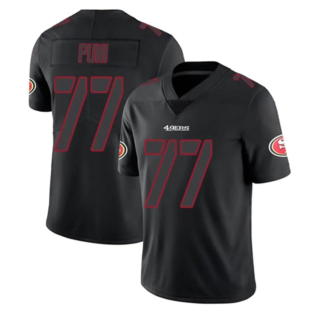 Elroe SF.49ers #77 Dominick Puni Player Black Impact Limited Home Game Stitched Jerseys
