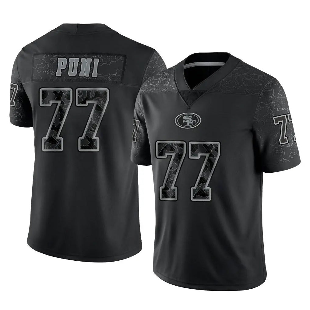 Elroe SF.49ers #77 Dominick Puni Player Black Limited Reflective Home Game Stitched Jerseys