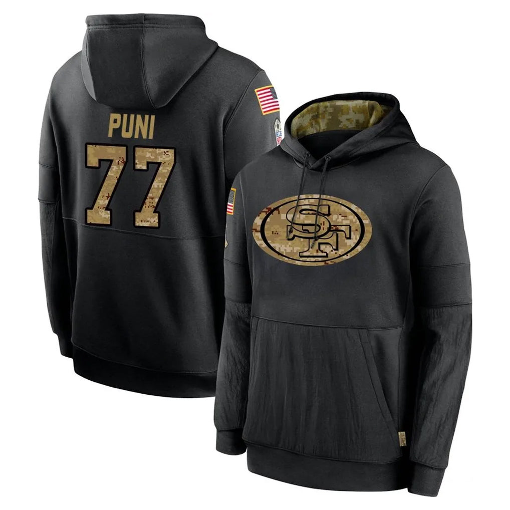 Elroe SF.49ers #77 Dominick Puni Player Black Salute to Service Sideline Performance Pullover Hoodies Home Game Stitched Jerseys