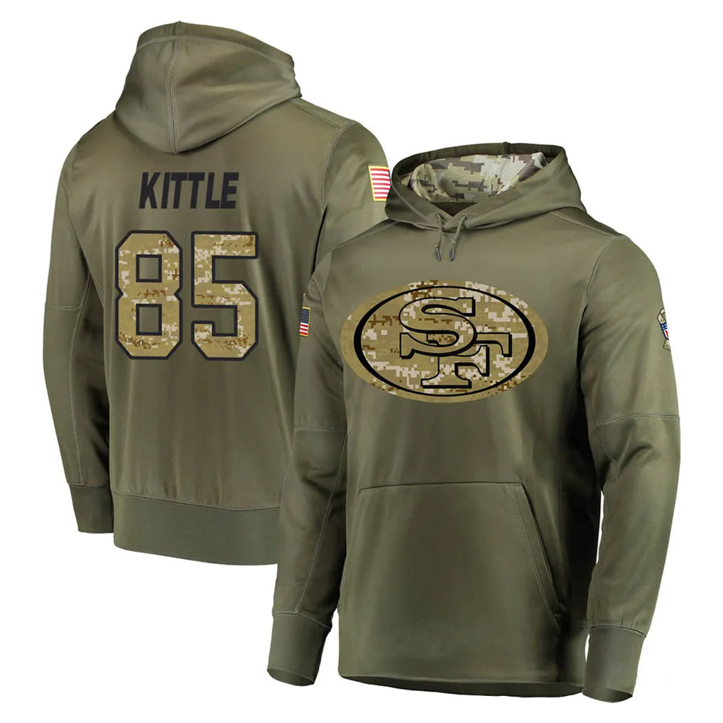 Elroe SF.49ers #85 George Kittle Player Olive Salute to Service Pullover Hoodie Home Game Stitched Jerseys