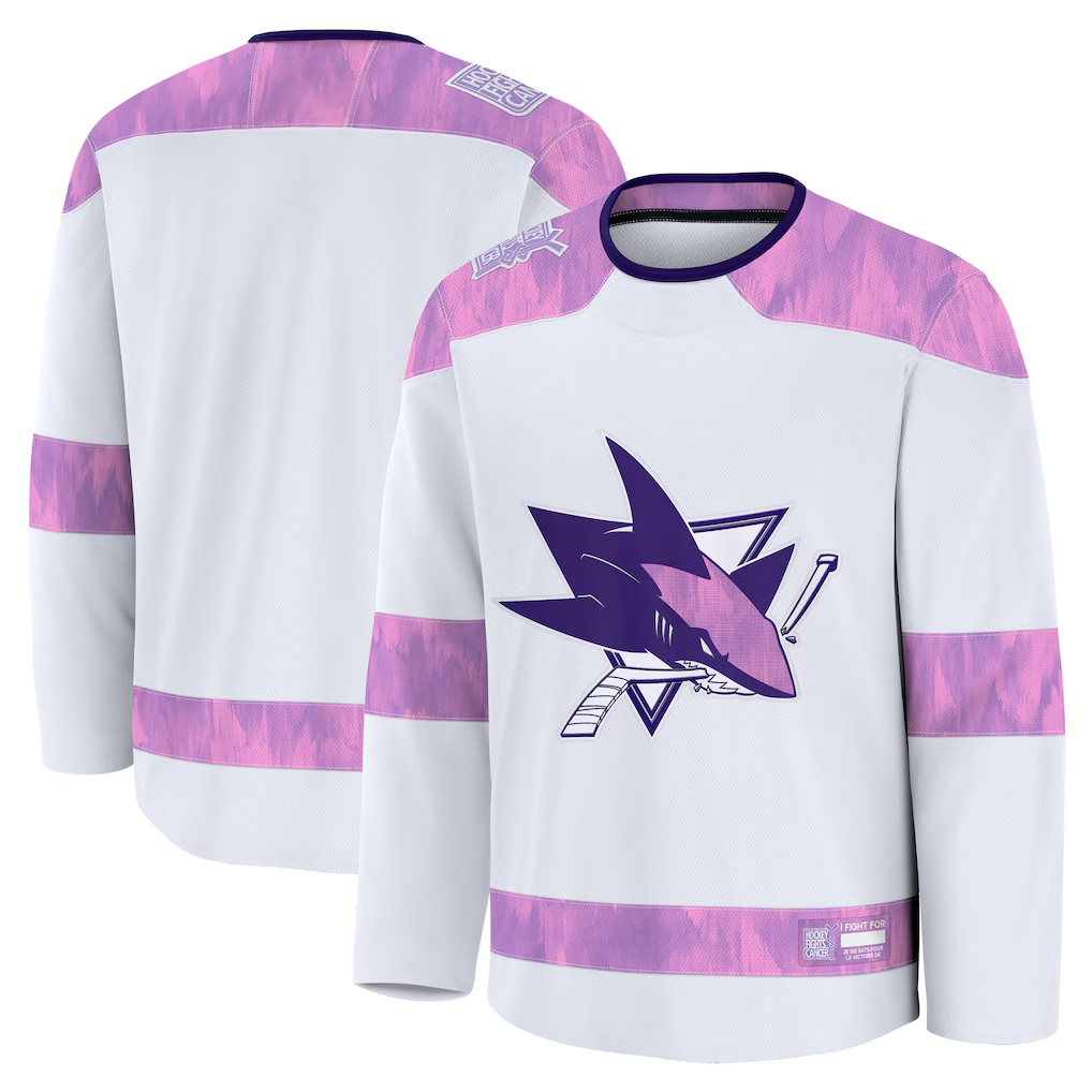 Elroe S.Jose Sharks White 2024 Hockey Fights Cancer Practice Jerseys