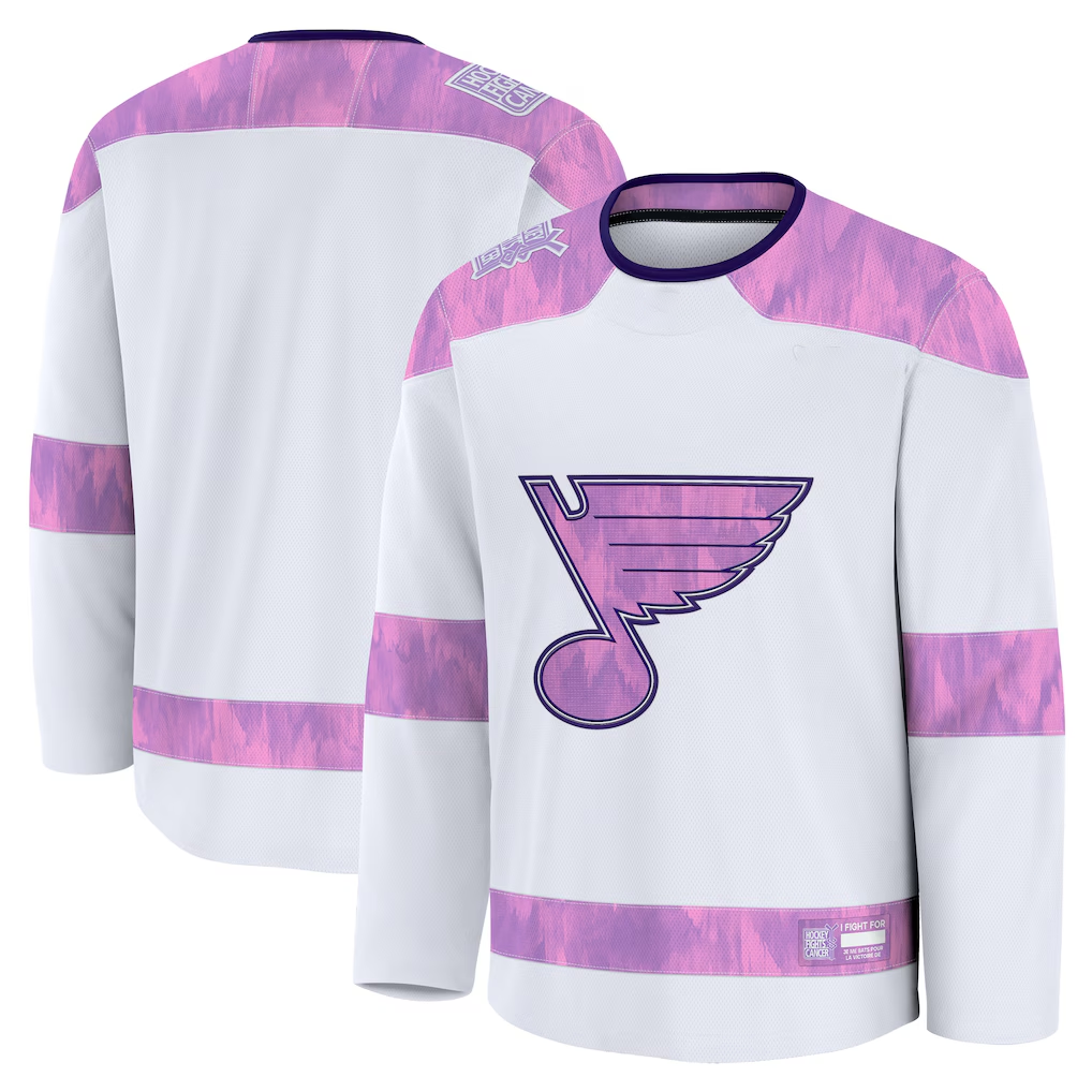 Elroe St.L.Blues White 2024 Hockey Fights Cancer Practice Jerseys