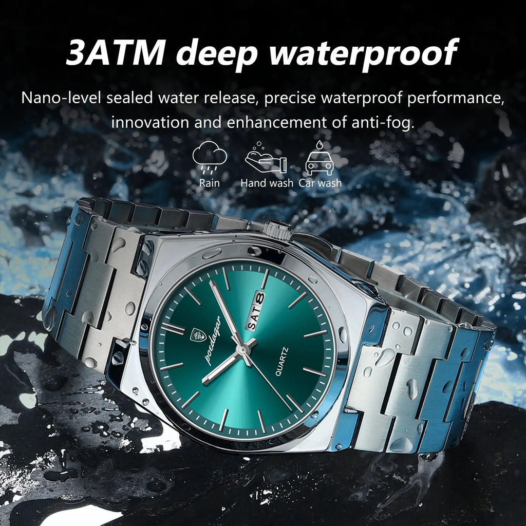 POEDAGAR Luxury Men's Watches Waterproof Luminous Date Week Men Watch Stainless Steel Casual Fashion Quartz Man Wristwatch Reloj