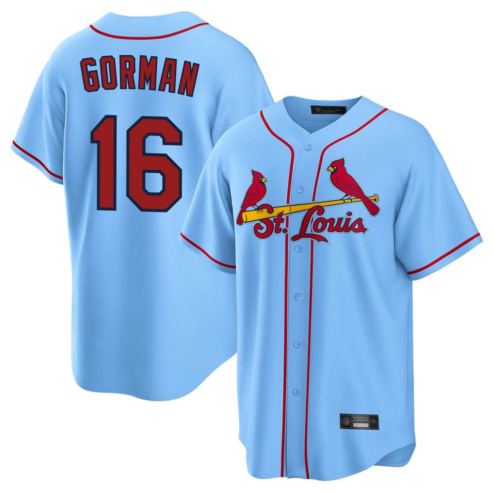 Elroe St. Louis Cardinals #16 Nolan Gorman Player Light Blue Home Game Stitched Jerseys