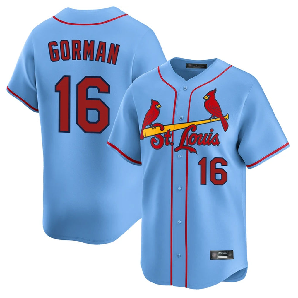Elroe St. Louis Cardinals #16 Nolan Gorman Player Light Blue Home Limited Stitched Jerseys