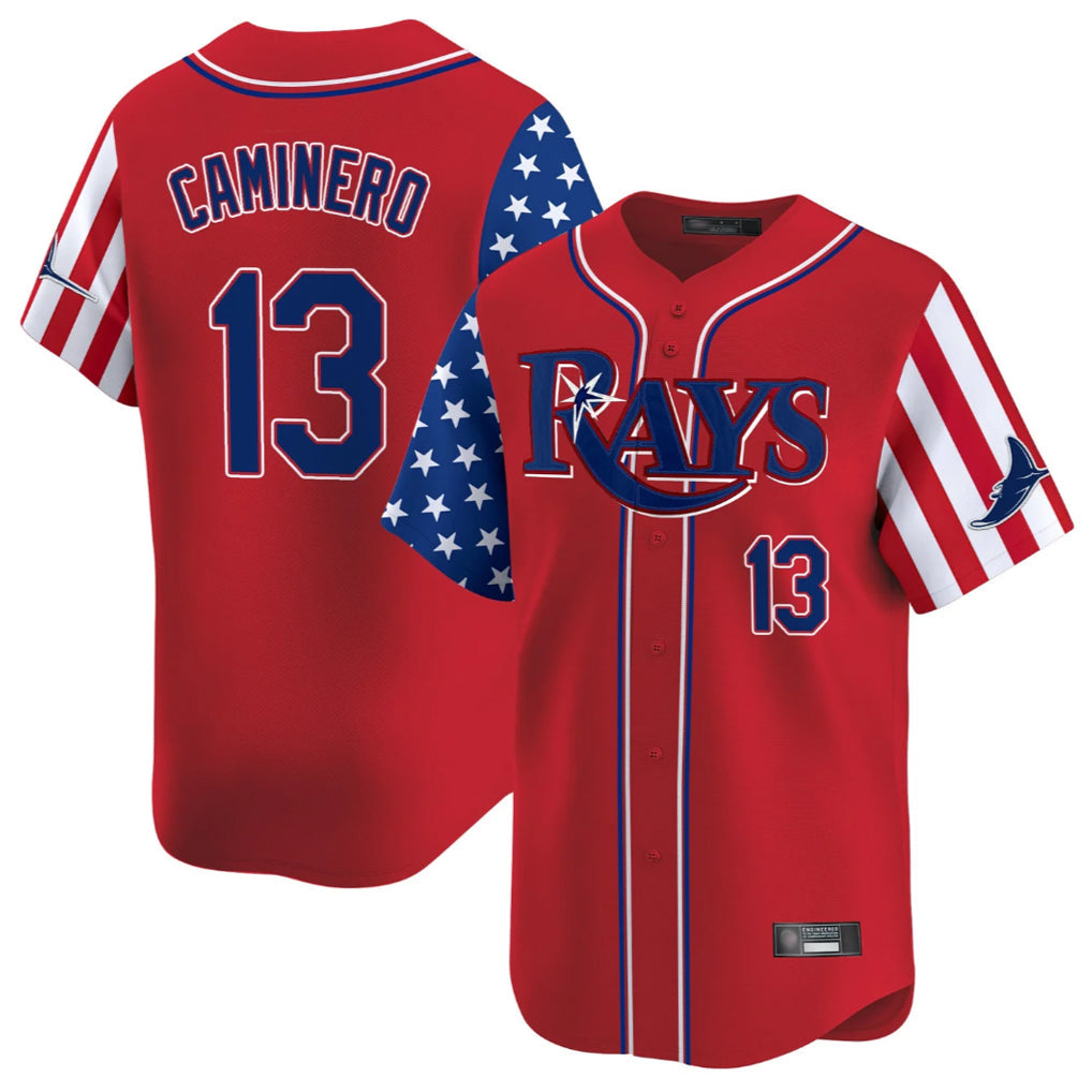 Elroe TB.Rays #13 Junior Caminero Player Red 2025 Independence Day Vapor Premier Limited Stitched Jerseys