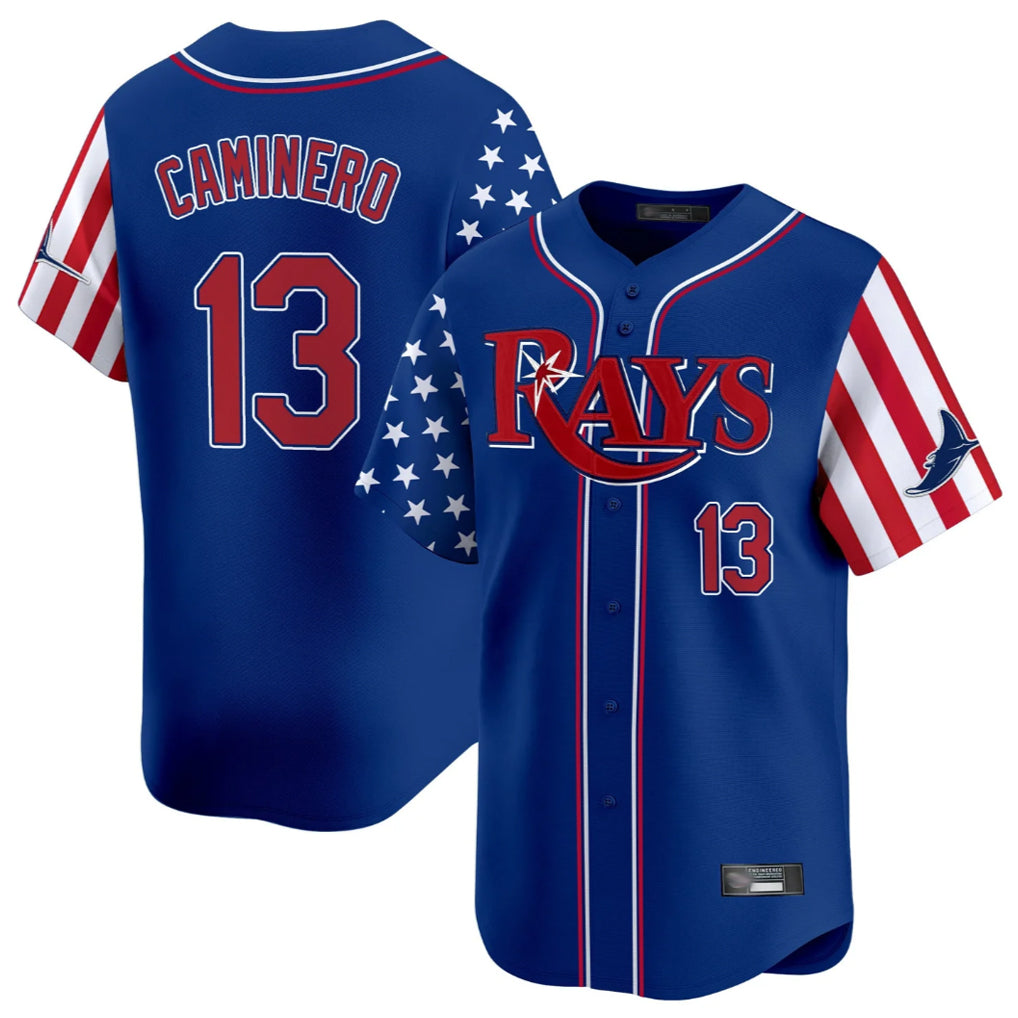 Elroe TB.Rays #13 Junior Caminero Player Royal 2025 Independence Day Vapor Premier Limited Stitched Jerseys