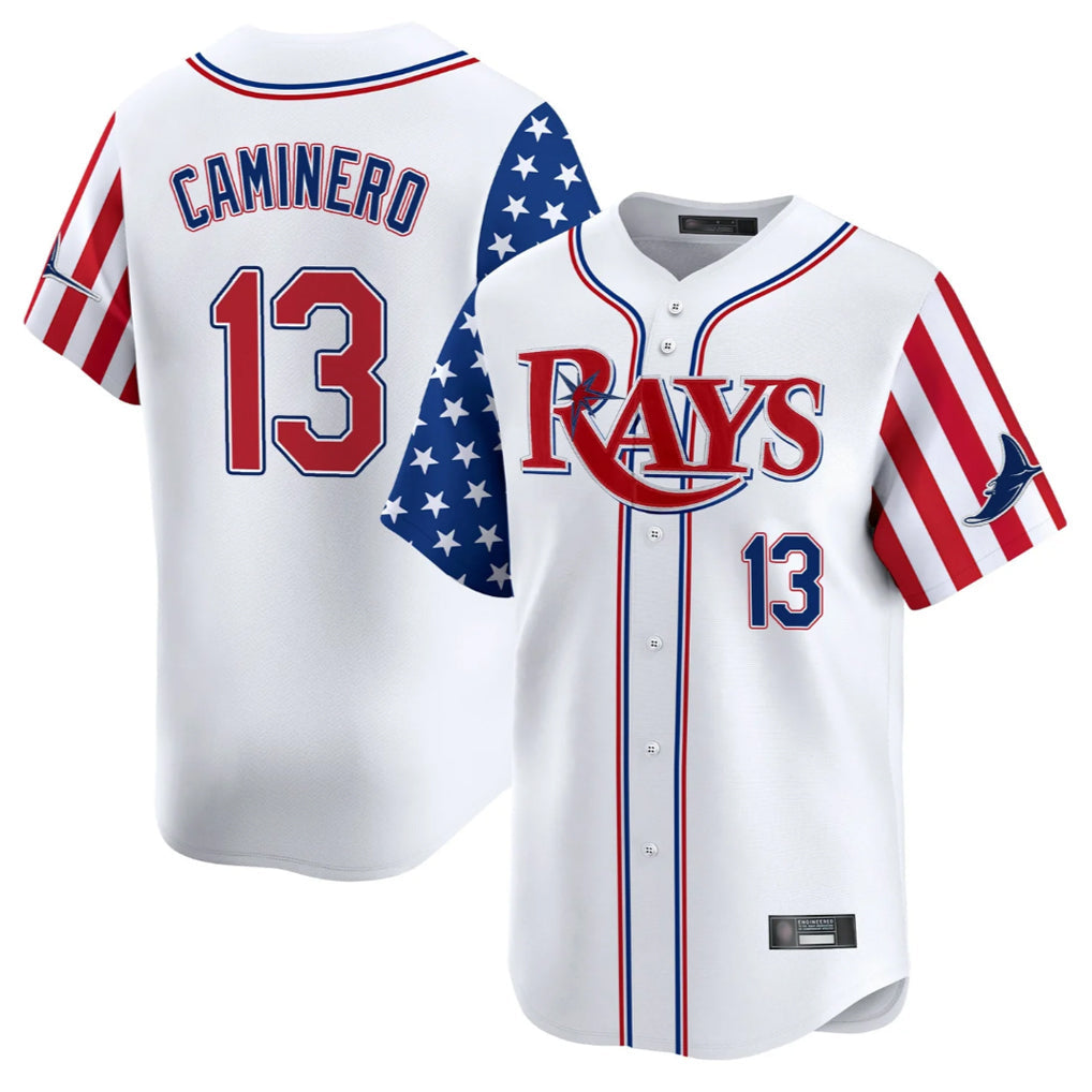 Elroe TB.Rays #13 Junior Caminero Player White 2025 Independence Day Vapor Premier Limited Stitched Jerseys