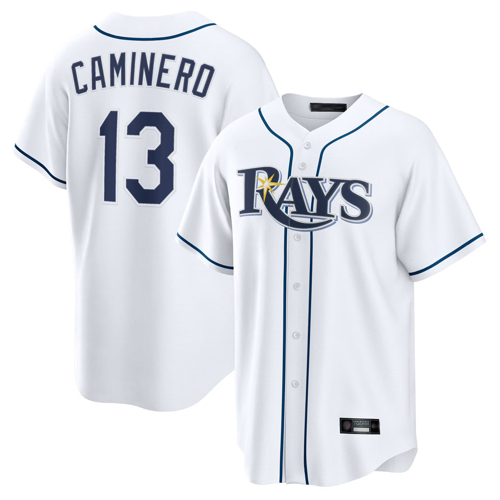 Elroe TB.Rays #13 Junior Caminero Player White Home Game Stitched Jerseys