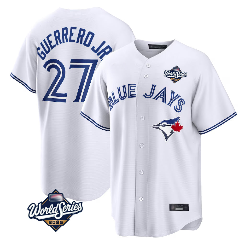 Elroe T.Blue Jays #27 Vladimir Guerrero Jr Player White 2025 World Series Game Stitched Jersey