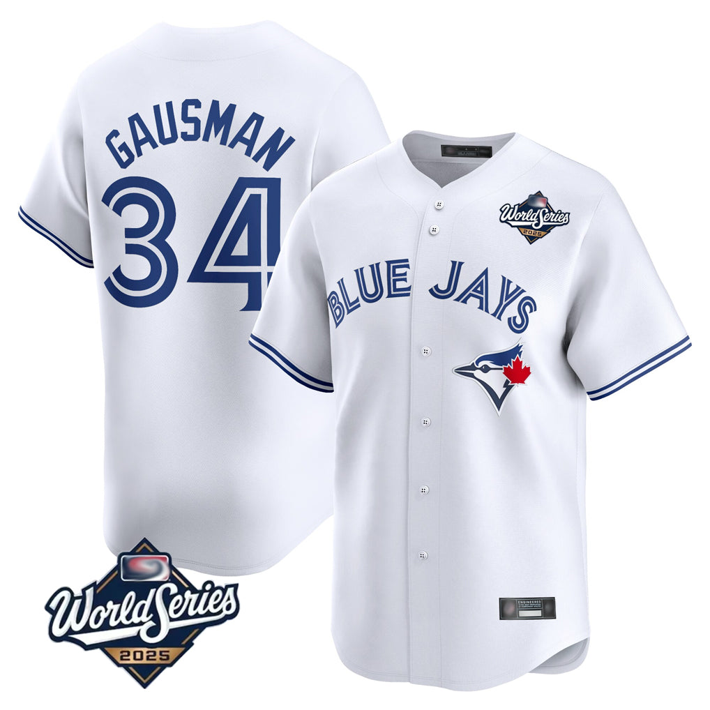 Elroe T.Blue Jays #34 Kevin Gausman Player White 2025 World Series Home Limited Stitched Jerseys