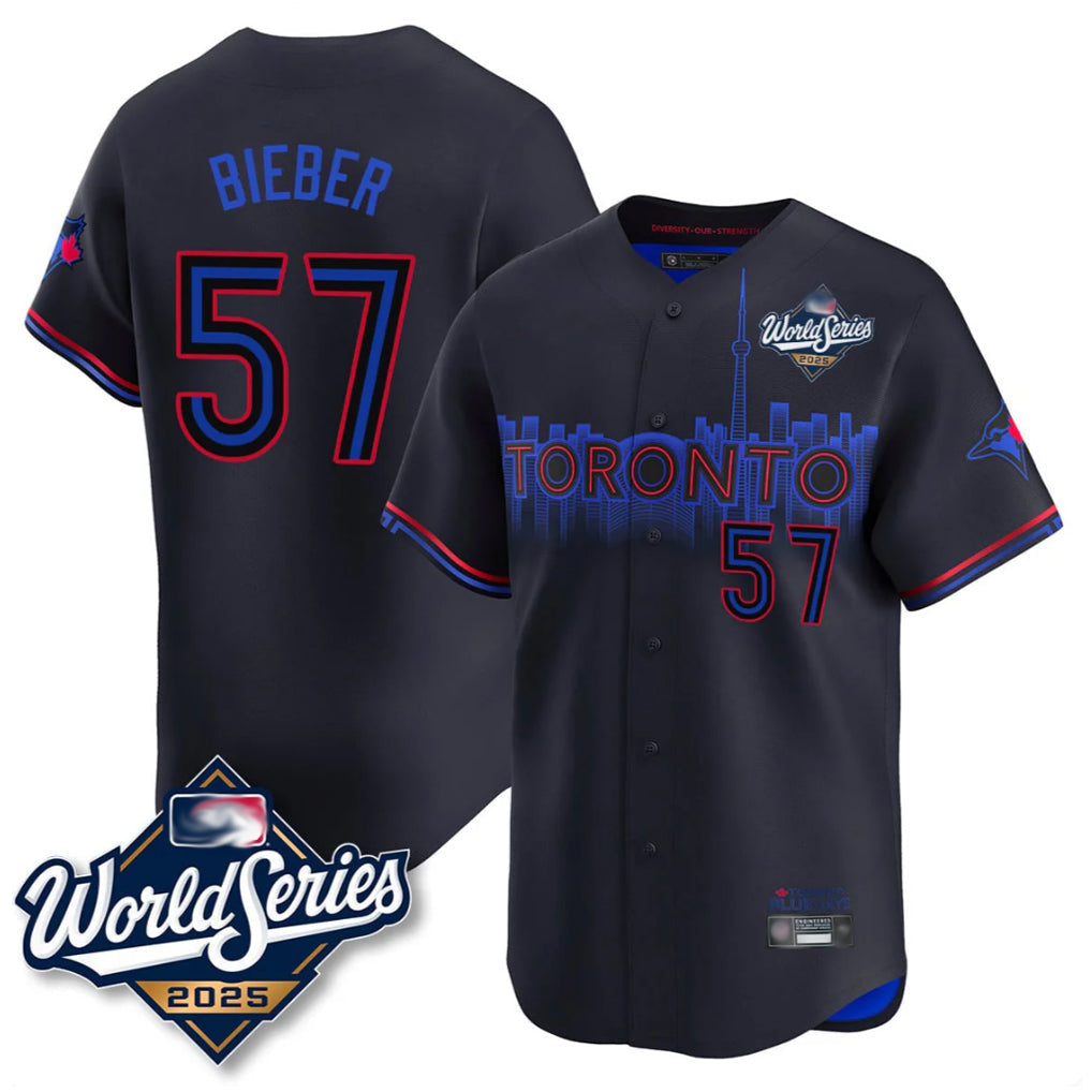 Elroe T.Blue Jays #57 Shane Bieber Player Black 2025 World Series City Connect All Stitched Jerseys