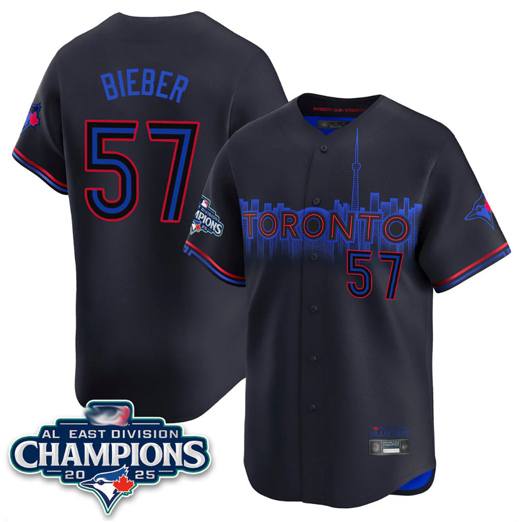 Elroe T.Blue Jays #57 Shane Bieber Player Black AL East Division City Connect Stitched Jerseys