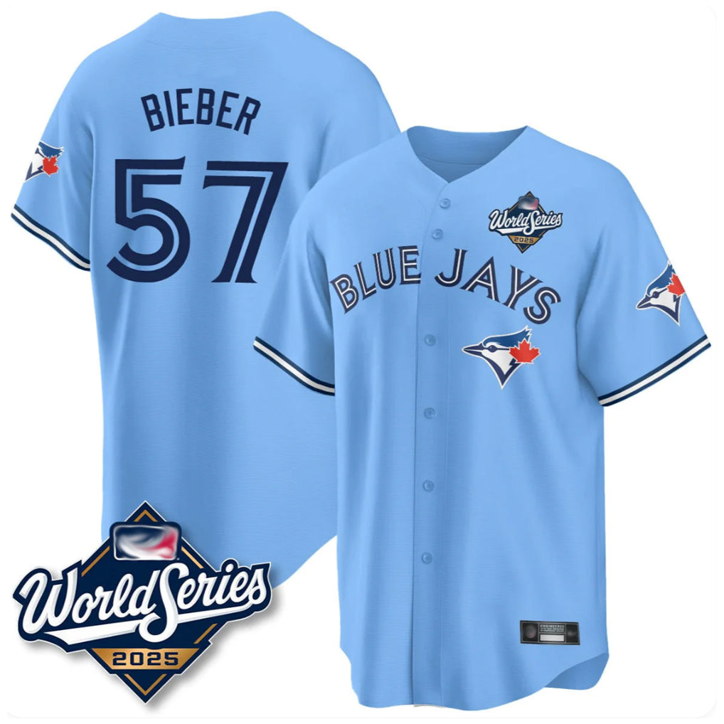 Elroe T.Blue Jays #57 Shane Bieber Player Blue 2025 World Series All Stitched Jerseys