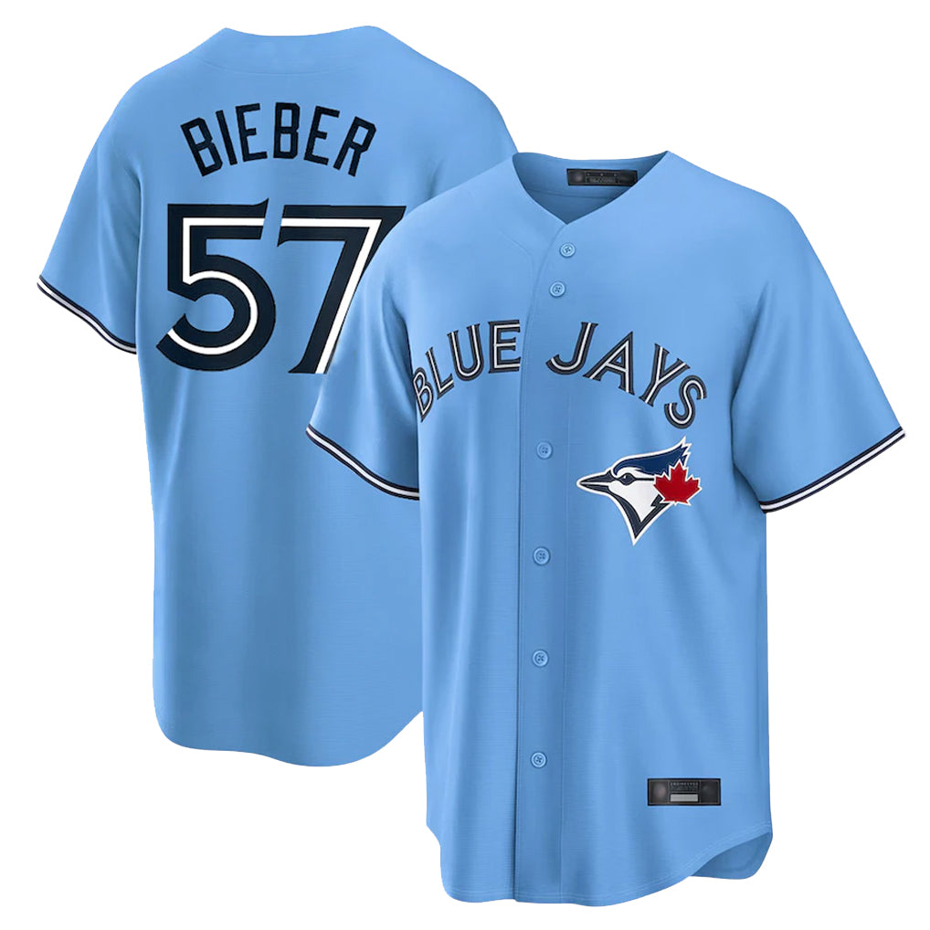 Elroe T.Blue Jays #57 Shane Bieber Player Blue Home Stitched Jerseys