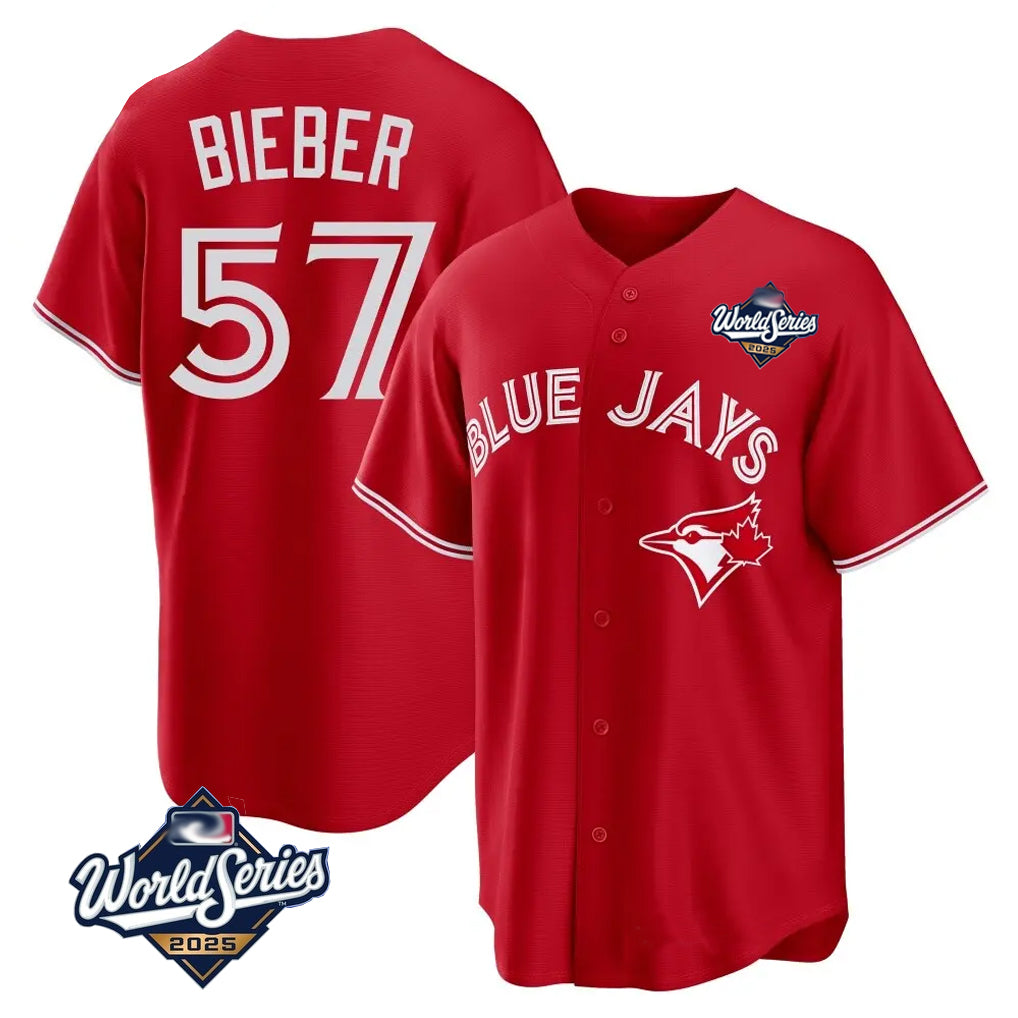 Elroe T.Blue Jays #57 Shane Bieber Player Red 2025 World Series All Stitched Jerseys