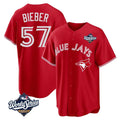 Elroe T.Blue Jays #57 Shane Bieber Player Red 2025 World Series All Stitched Jerseys
