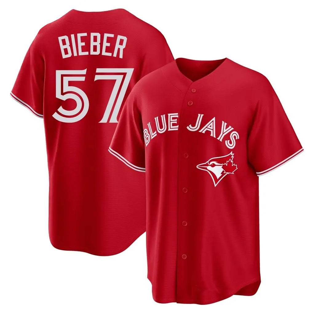 Elroe T.Blue Jays #57 Shane Bieber Player Red Home Stitched Jerseys