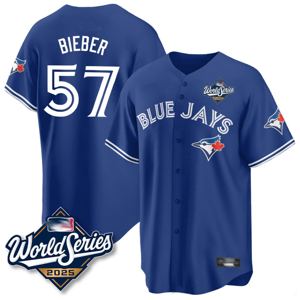 Elroe T.Blue Jays #57 Shane Bieber Player Royal 2025 World Series All Stitched Jerseys