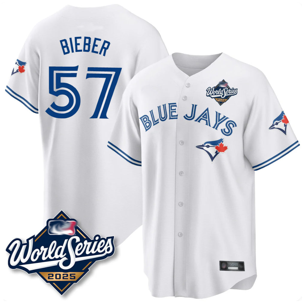 Elroe T.Blue Jays #57 Shane Bieber Player White 2025 World Series All Stitched Jerseys