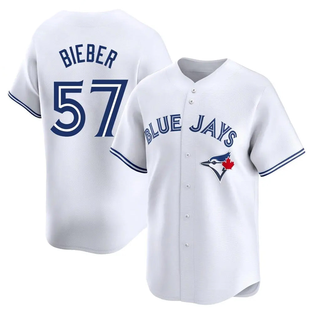 Elroe T.Blue Jays #57 Shane Bieber Player White Limited Home Stitched Jerseys