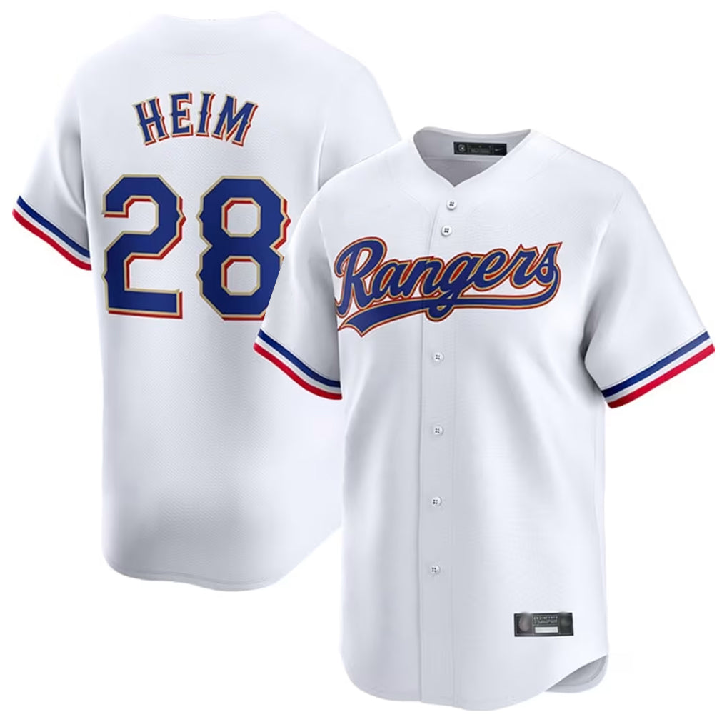 Elroe T.Rangers #28 Jonah Heim Player White Gold Collection Limited Stitched Jerseys