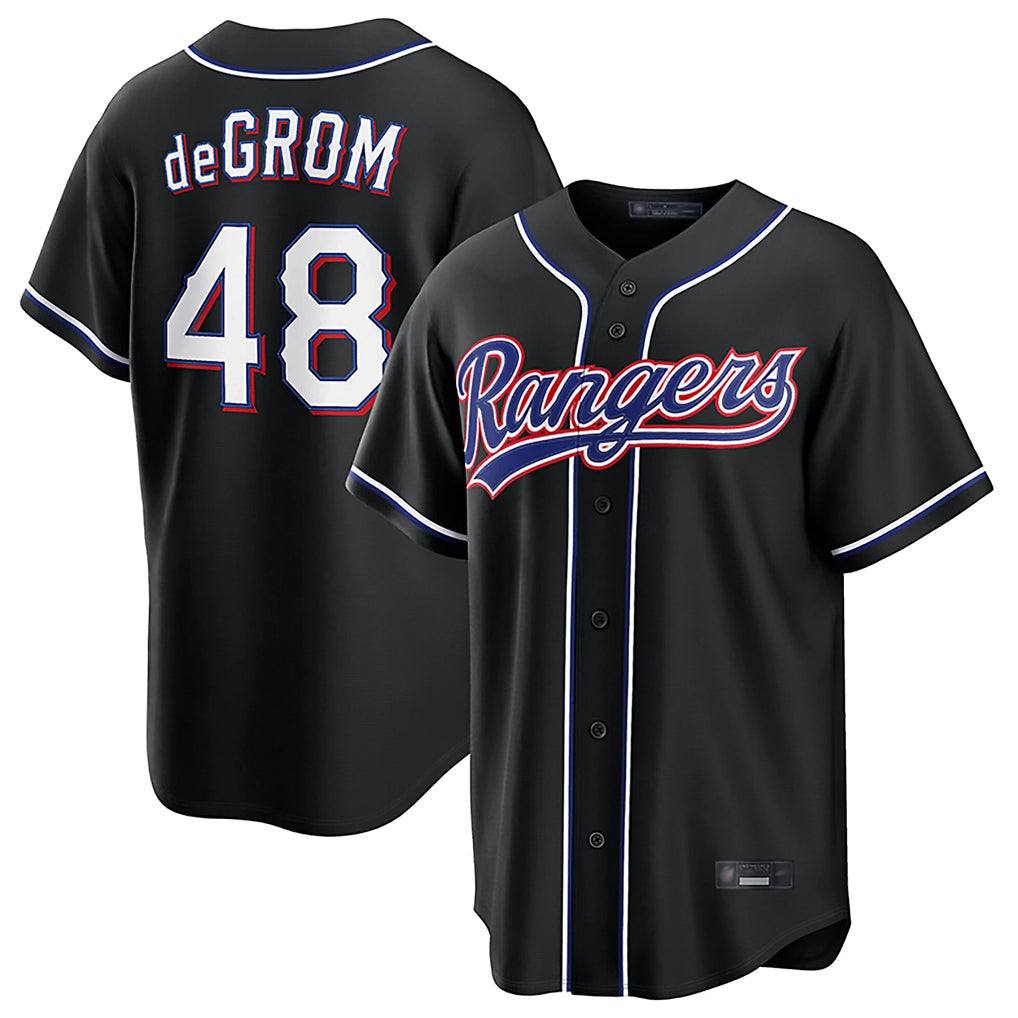 Elroe T.Rangers #48 Jacob deGrom Player Black 2026 Out Fashion Replica Stitched Jerseys