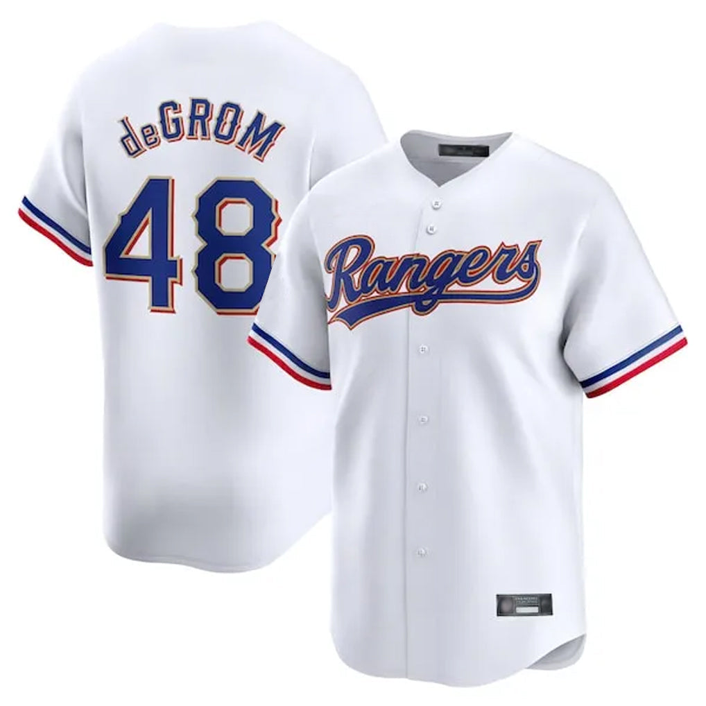 Elroe T.Rangers #48 Jacob deGrom Player White Gold Collection Limited Edition Stitched Jerseys
