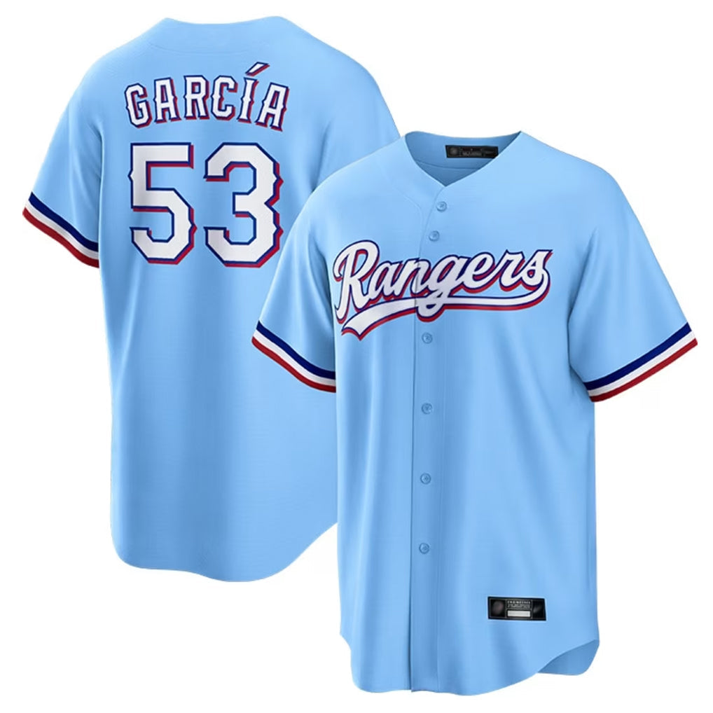 Elroe T.Rangers #53 Adolis Garcia Player Light Blue Home Game Stitched Jerseys
