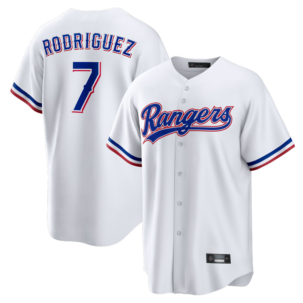 Elroe T.Rangers #7 Ivan Rodriguez Player White Home Game Stitched Jerseys