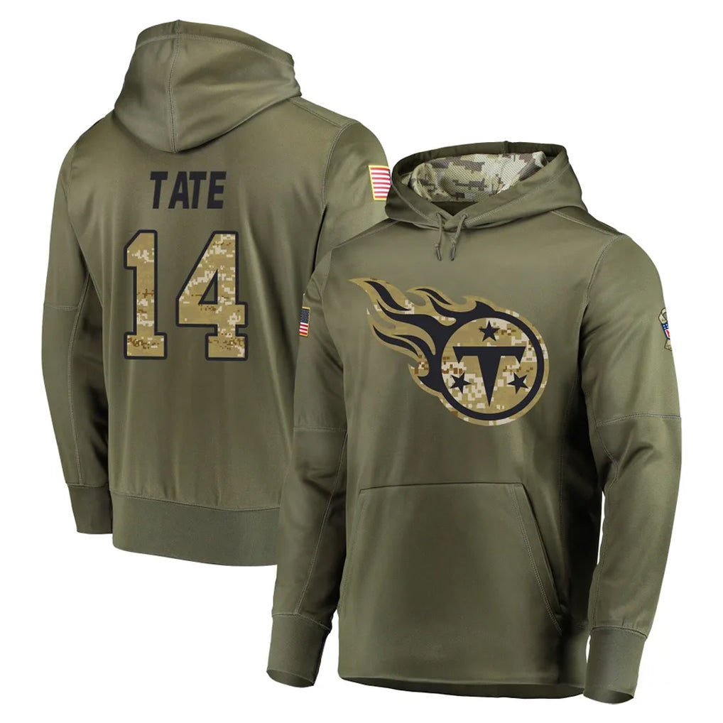Elroe T.Titans #14 Carnell Tate Player Olive Salute to Service Pullover Hoodies Home Game Stitched Jerseys