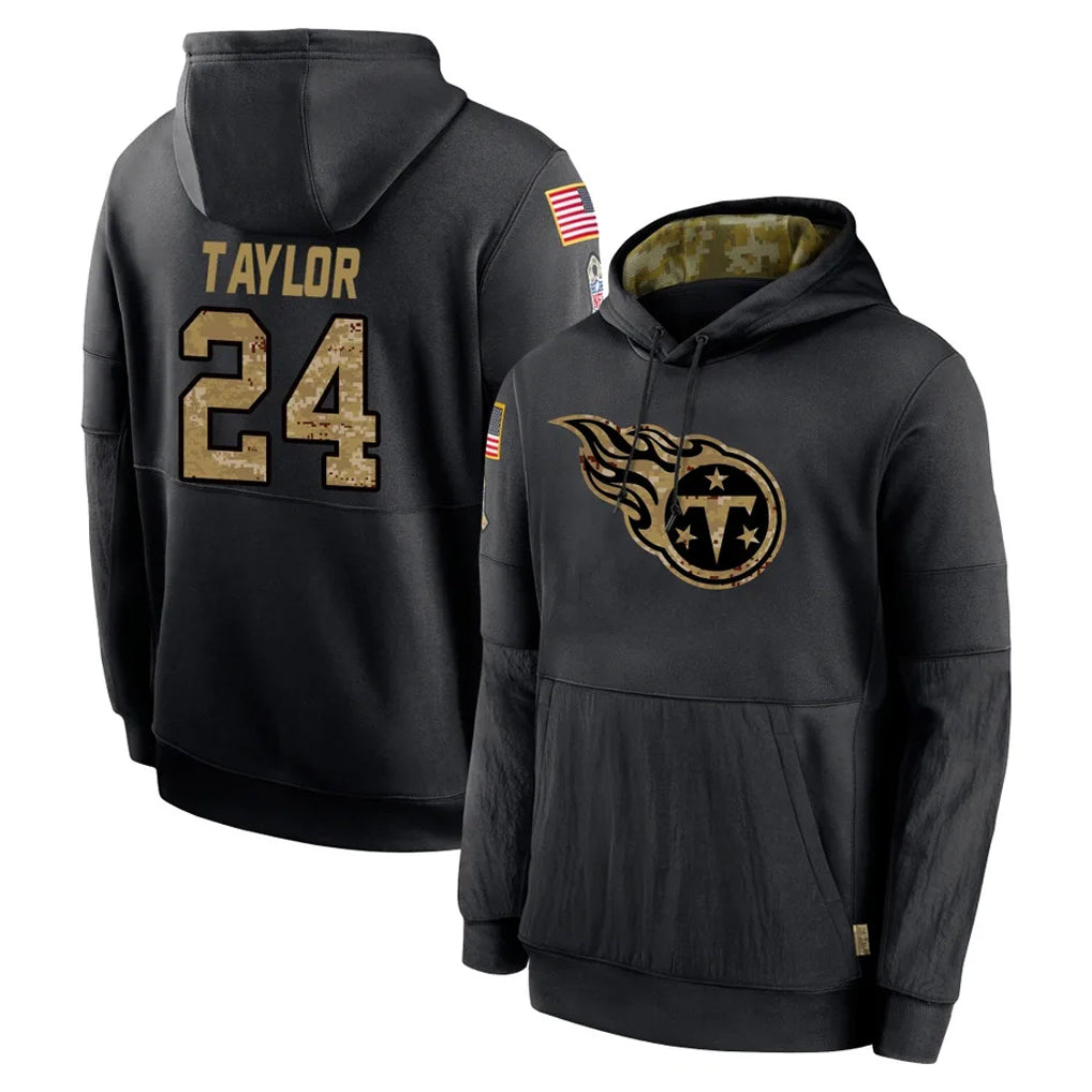 Elroe T.Titans #24 Alontae Taylor Player Black Salute to Service Sideline Performance Pullover Hoodies Home Game Stitched Jerseys