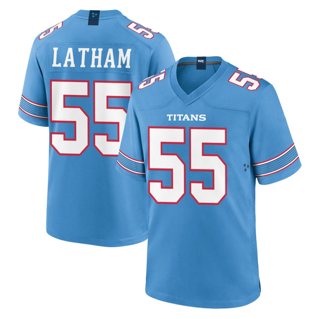 Elroe T.Titans #55 JC Latham Player Light Blue 2026 Game Home Stitched Jerseys