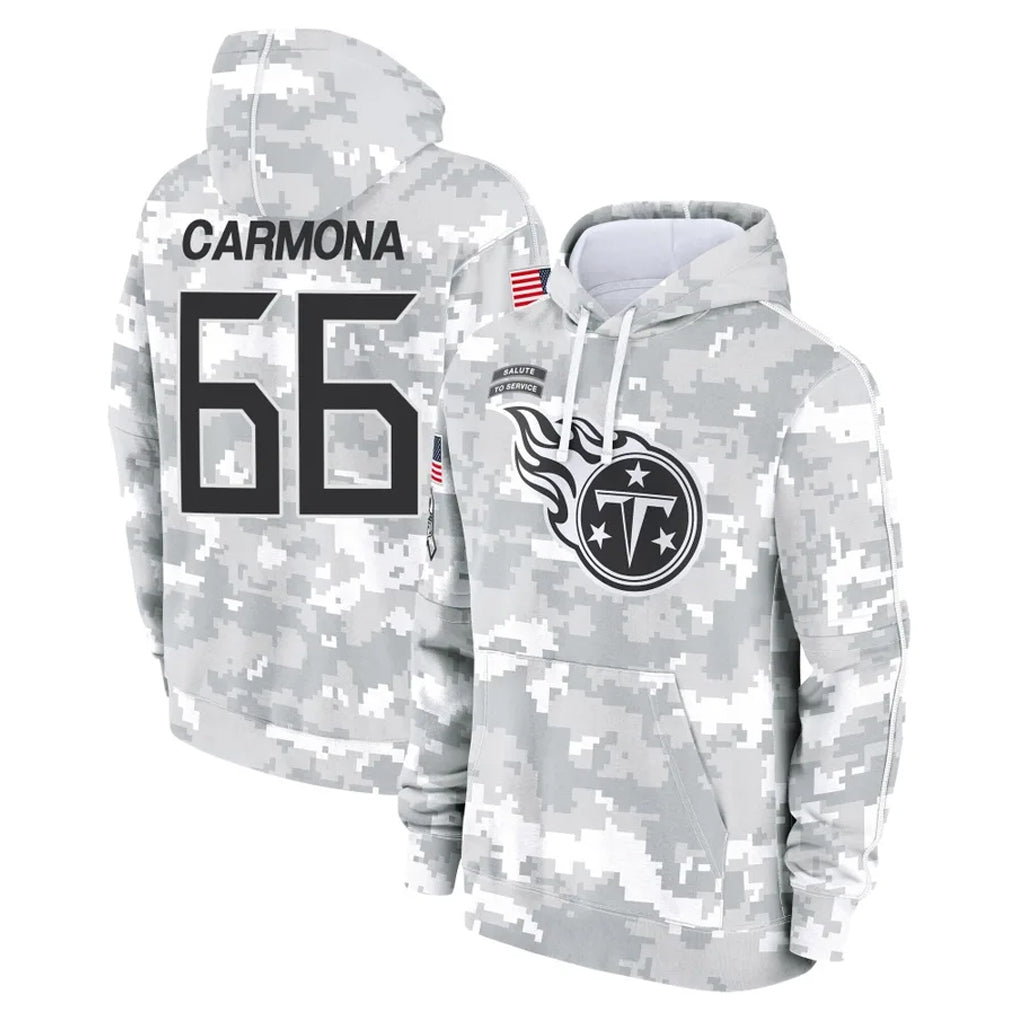 Elroe T.Titans #66 Fernando Carmona Jr. Player Camo Arctic Salute to Service Pullover Hoodies Home Game Stitched Jerseys