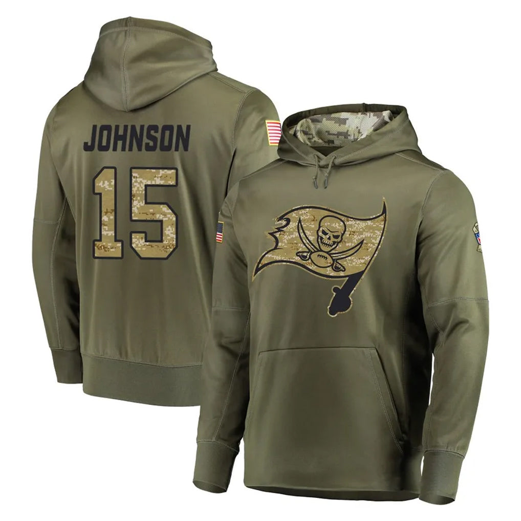 Elroe TB.Buccaneers #15 Tez Johnson Player Olive Salute to Service Pullover Hoodie Home Game Stitched Jerseys