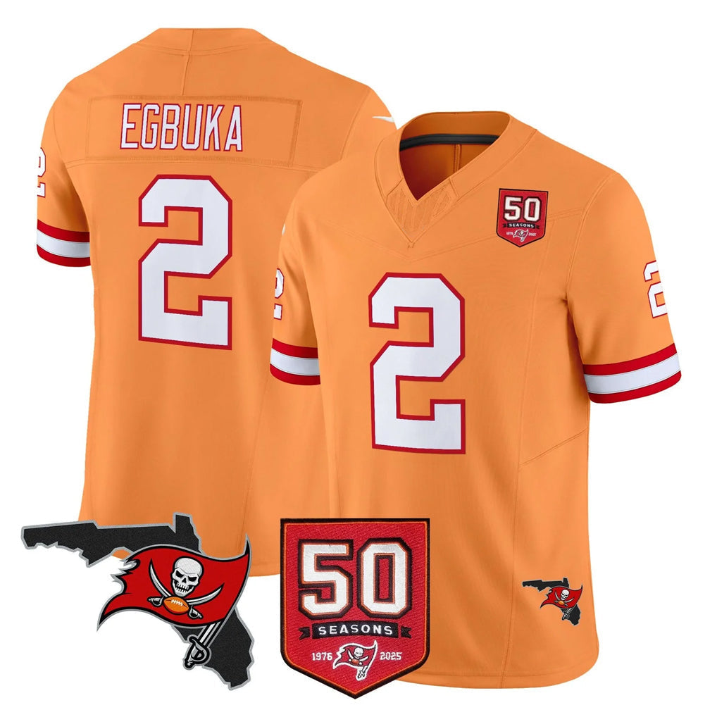 Elroe TB.Buccaneers #2 Emeka Egbuka Player Orange 50th Season Vapor Limited Home Game Stitched Jerseys