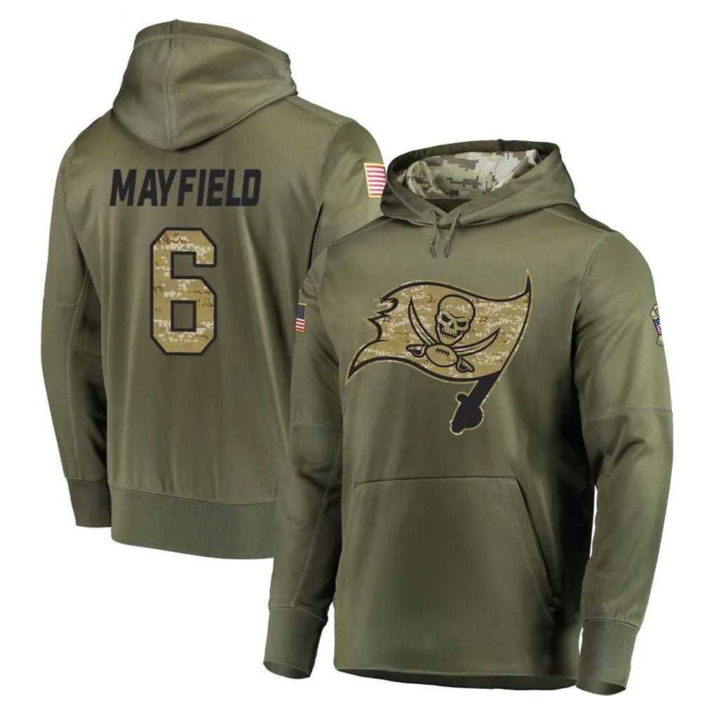 Elroe TB.Buccaneers #6 Baker Mayfield Player Olive Salute to Service Pullover Hoodie Home Game Stitched Jerseys