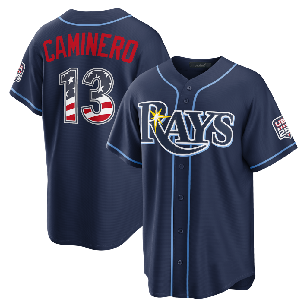 Elroe TB.Rays #13 Junior Caminero Navy USA 250 Fourth of July Road Stadium Jersey