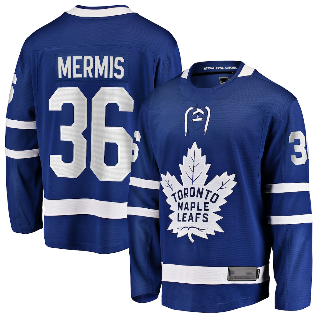 Elroe T.Maple Leafs #36 Dakota Mermis Blue Home Breakaway Jerseys