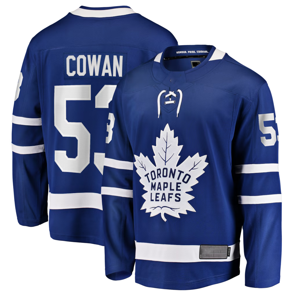 Elroe T.Maple Leafs #53 Easton Cowan Blue Home Breakaway Jerseys
