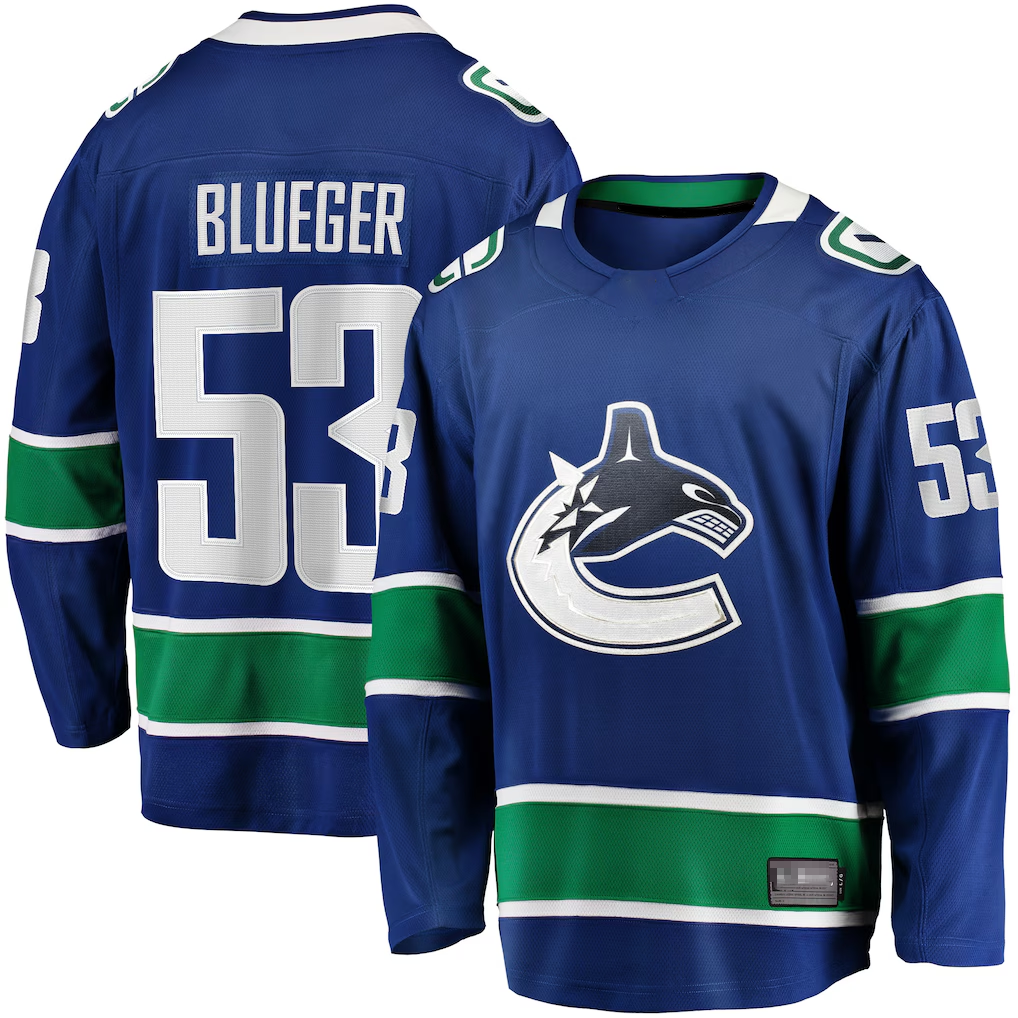 Elroe V.Canucks #53 Teddy Blueger Blue Home Breakaway Jerseys
