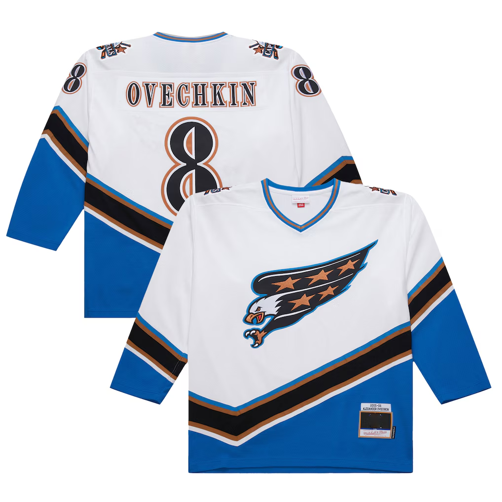 Elroe W.Capitals #8 Alexander Ovechkin Mitchell & Ness White 2005-06 Power Play Jerseys